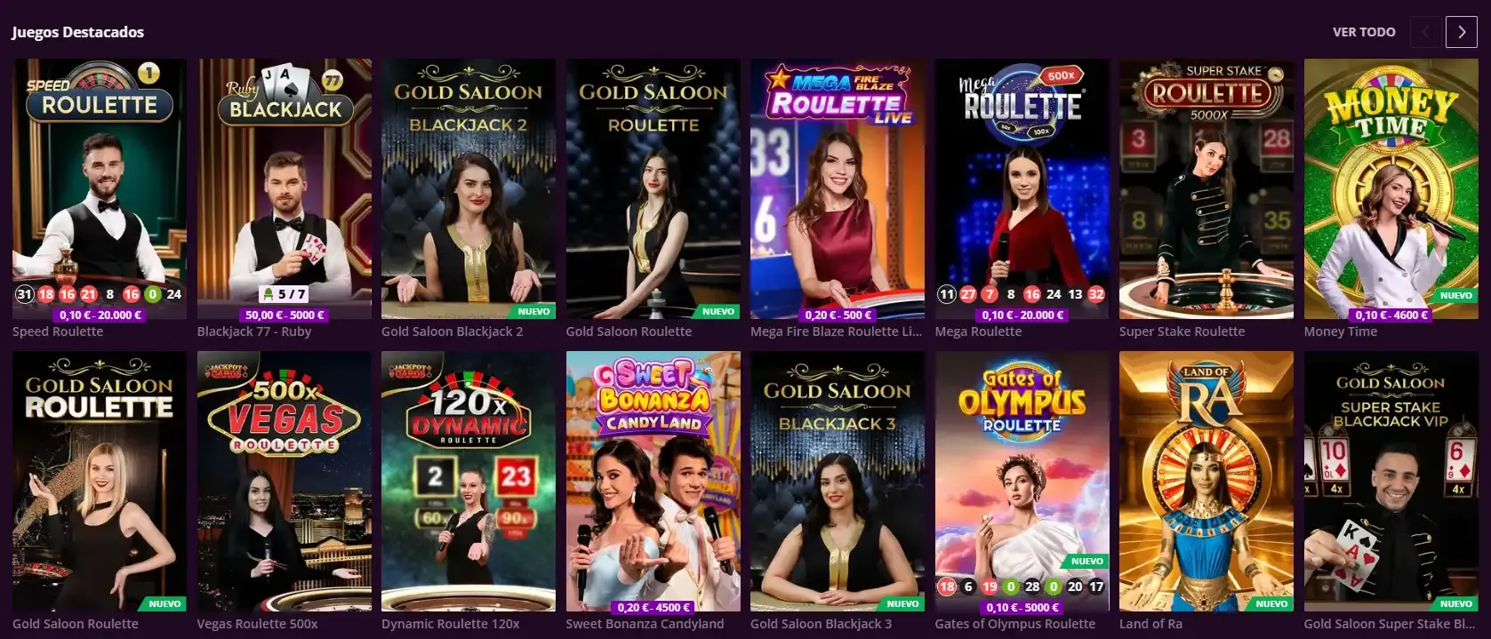 Categorías actuales de casino en vivo de MalinaCasino en español