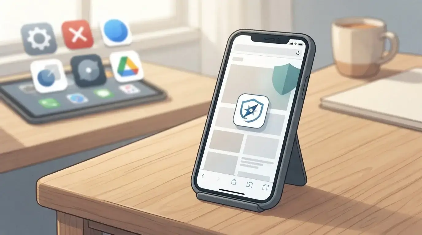 Ilustración conceptual de un teléfono con navegador y acceso directo frente a iconos genéricos de apps no verificadas