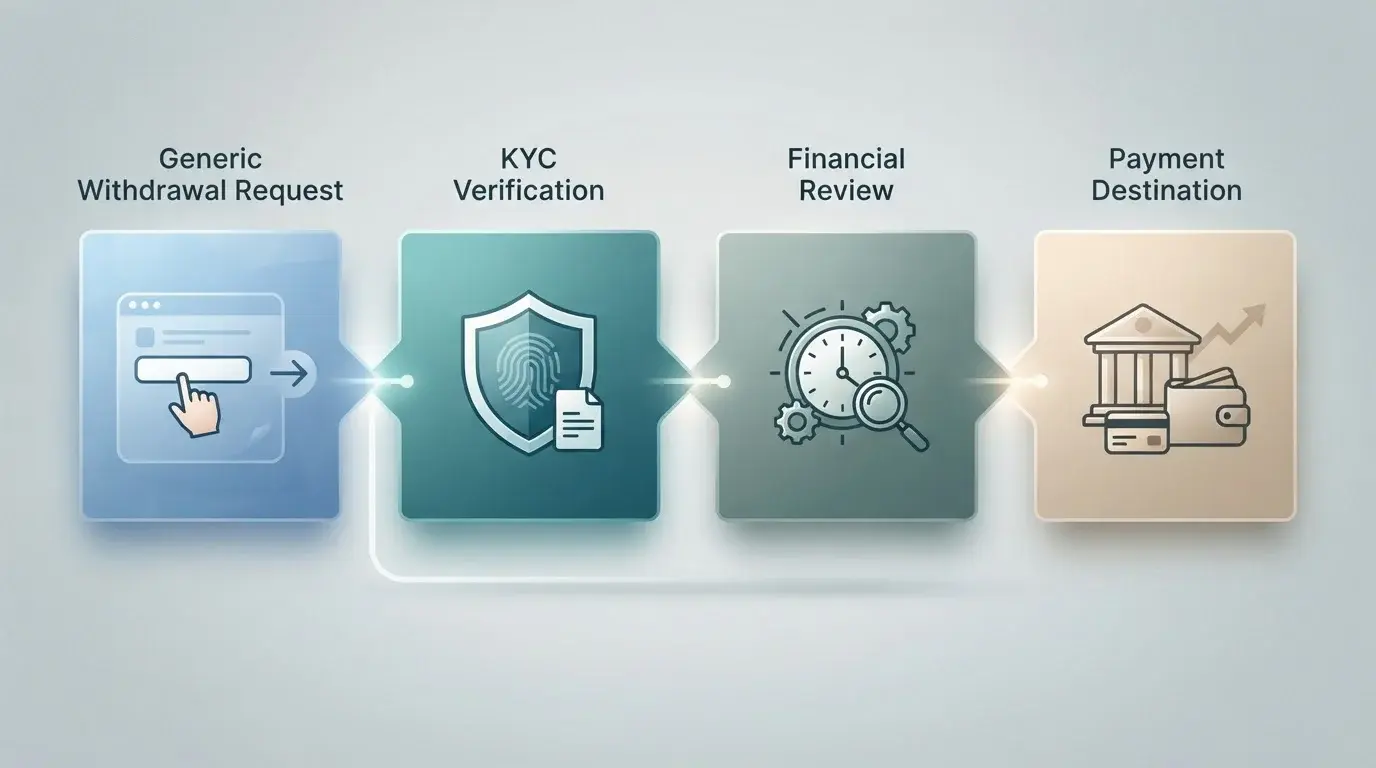 Ilustración conceptual del flujo de retirada desde la solicitud hasta KYC, revisión financiera y método de pago
