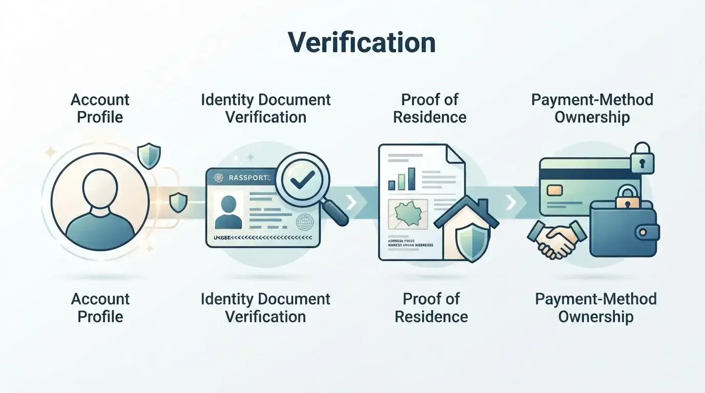 Ilustración conceptual del flujo de registro y KYC con identidad, residencia y método de pago