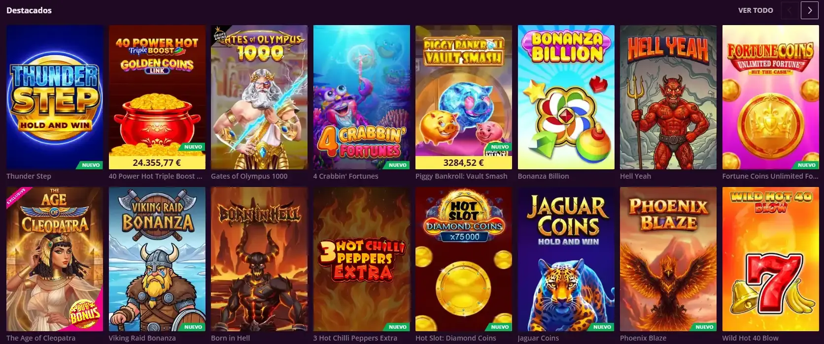 Lobby español de juegos de MalinaCasino con categorías y filtros visibles