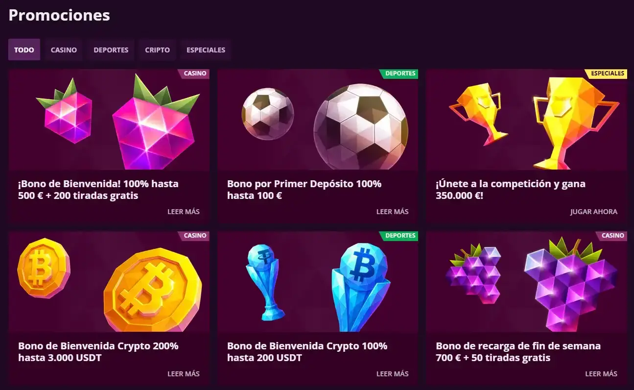 Página actual de promociones de MalinaCasino con las categorías Casino, Sports, Crypto y Specials