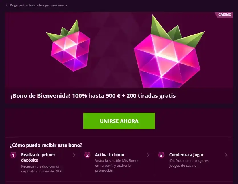 Promoción oficial de bienvenida de MalinaCasino con su oferta principal