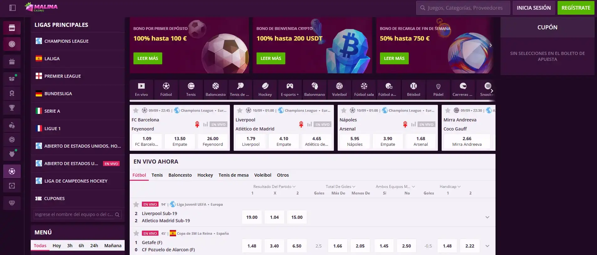 Sportsbook español de MalinaCasino con deportes, mercados y acceso a apuestas en vivo